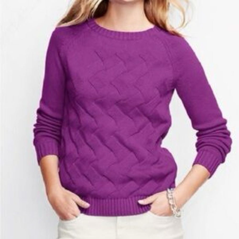 Lands' End Drifter Sweater Oversized Basketweave Knit Cotton Crewneck Purple L